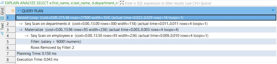 Przykład odpowiedzi zapytania SQL z klauzulą EXPLAIN ANALYZE